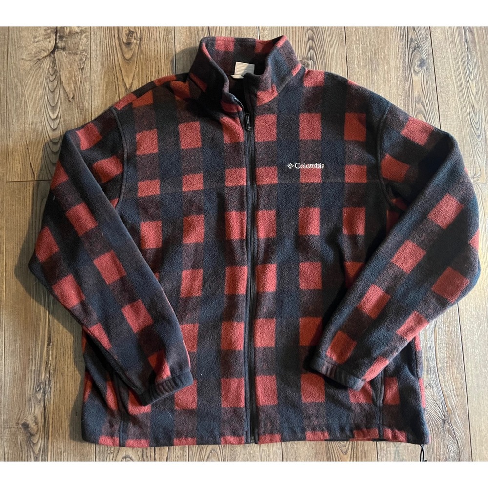 Columbia Mens Buffalo Plaid Fleece Jacket Red Black Full Zip XXL Outdoor Layer